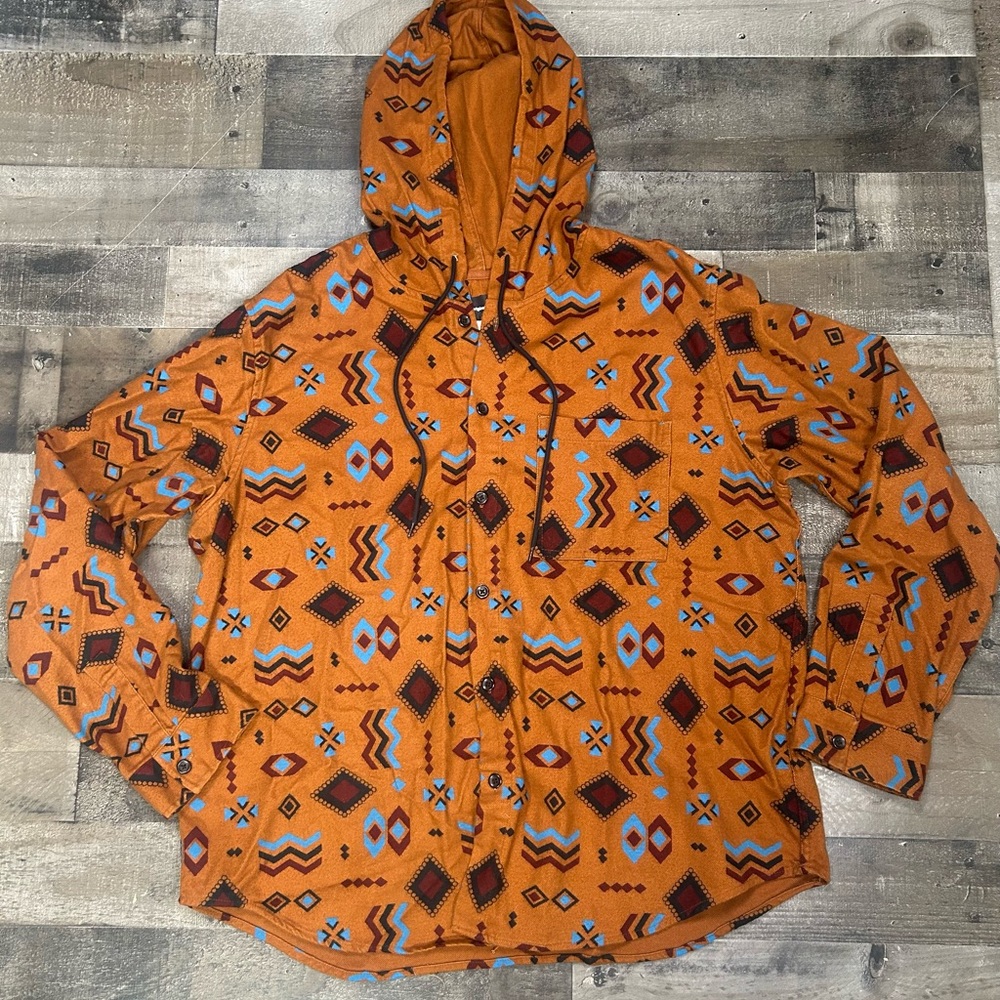 Men's Long Sleeve Hooded Button-Down Shirt Brown Aztec Geometric XL